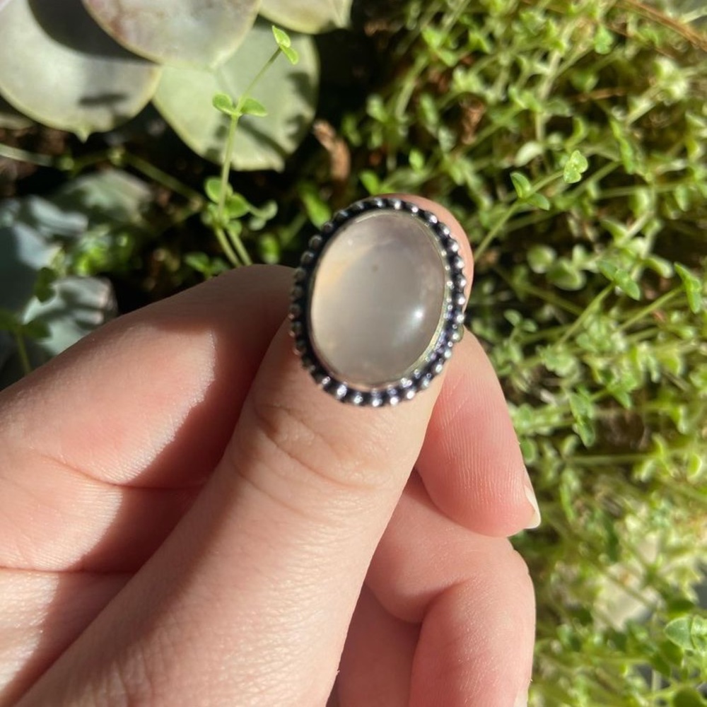 Silver plated brass rose quartz crystal gemstone ring size ~6 1/4-6 1/2